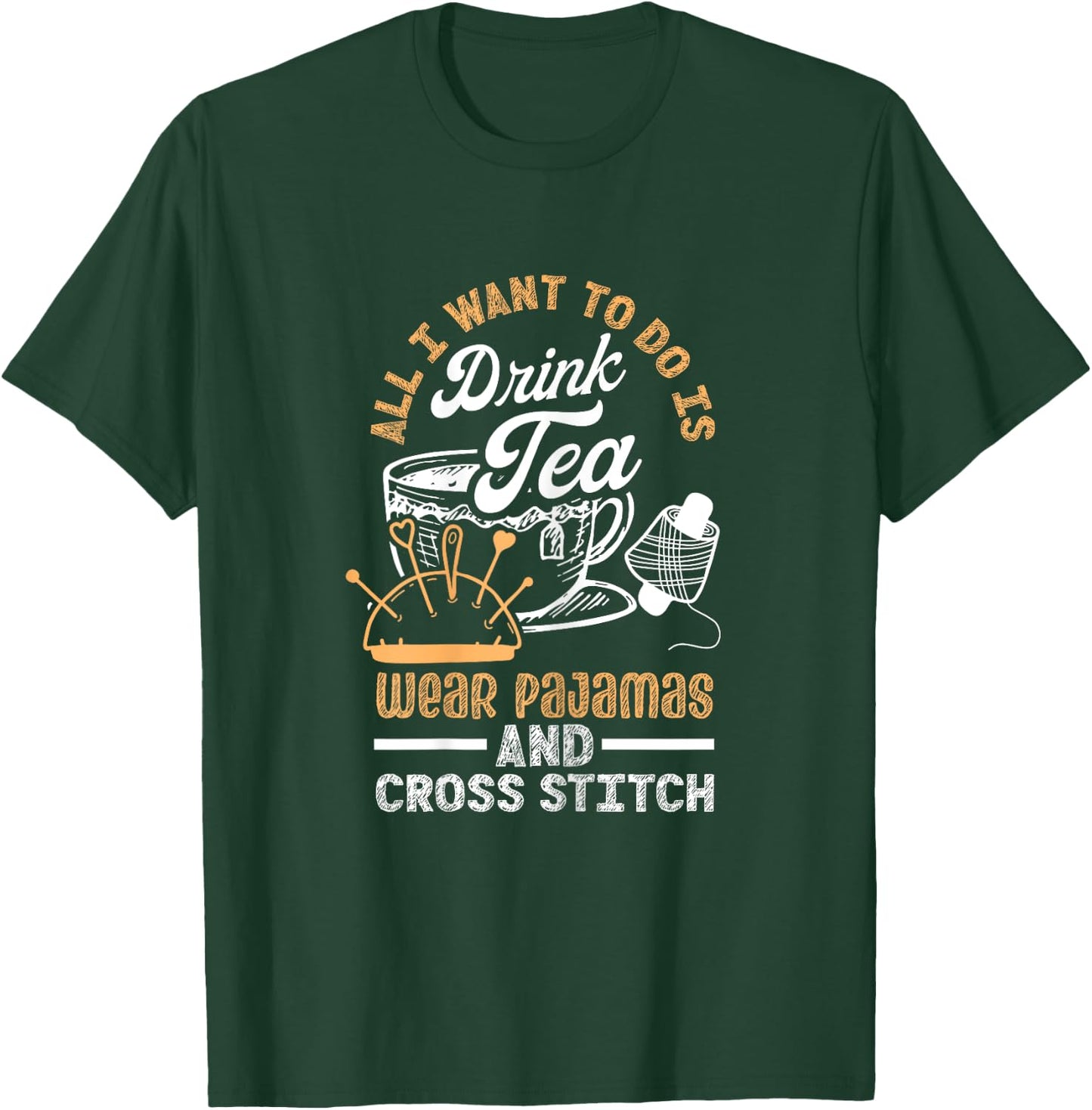 Cute Cross Stitch Clothes Cross Stitch Wear Pajamas And Drink Tea Black X-Small T-Shirt - T-Shirt | Forest
