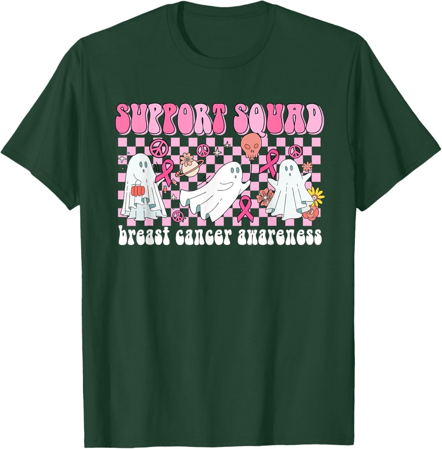 Groovy Halloween Cute Pink Ghost Breast Cancer Support Squad T-Shirt - T-Shirt | Forest