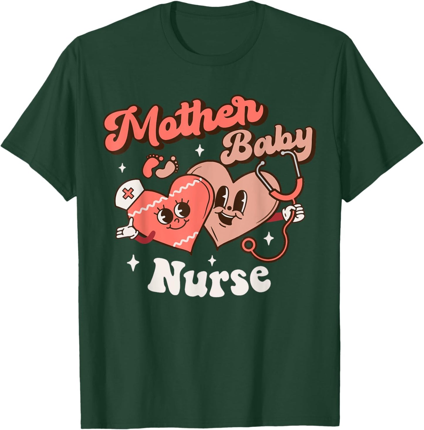 Mother Baby Squad Postpartum Nurse Groovy Nursing Valentines T-Shirt - T-Shirt | Forest