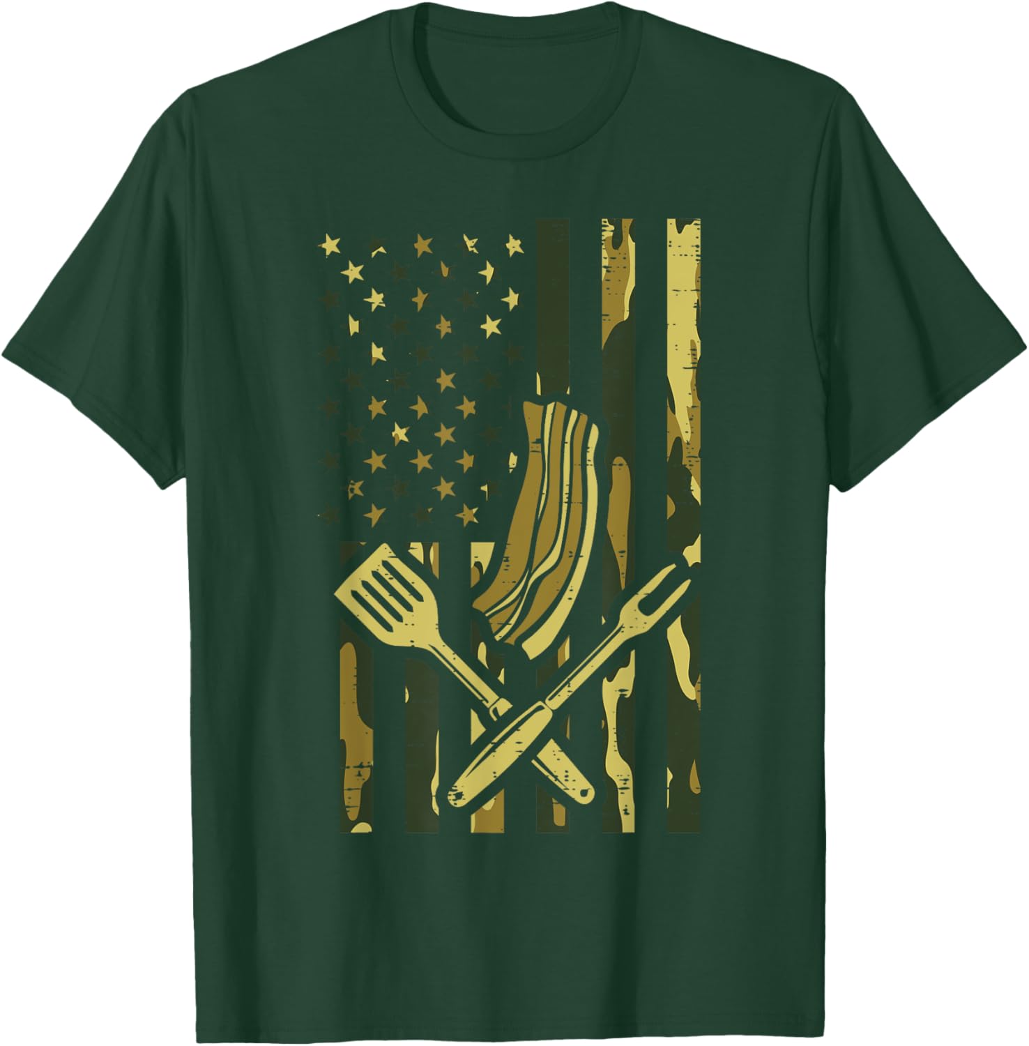 Camo US Flag Bbq Meat Grill Barbecue Patriot Men Women Kids T-Shirt - T-Shirt | Forest