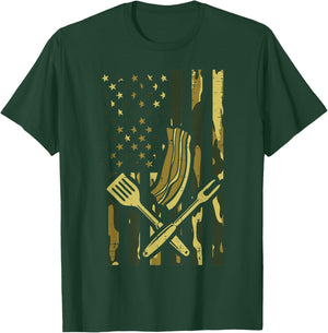 Camo US Flag Bbq Meat Grill Barbecue Patriot Men Women Kids T-Shirt - T-Shirt | Forest
