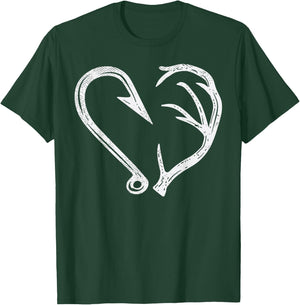 Hook Antler Heart Love Fishing Hunting Fish Deer Hunter Gift T-Shirt - T-Shirt | Forest