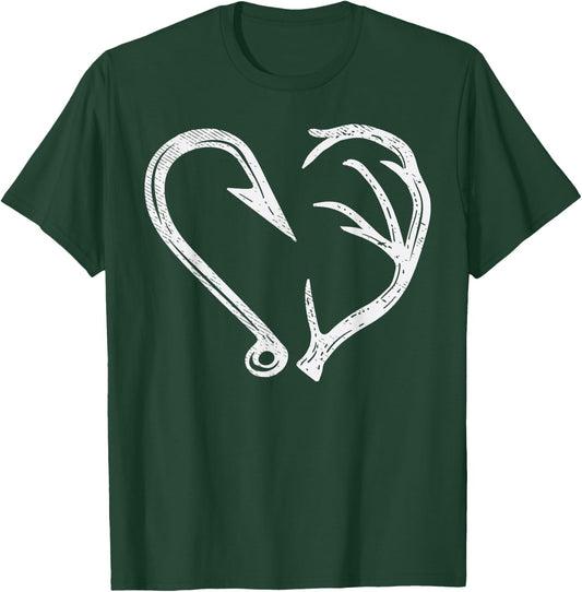 Hook Antler Heart Love Fishing Hunting Fish Deer Hunter Gift T-Shirt - T-Shirt | Forest