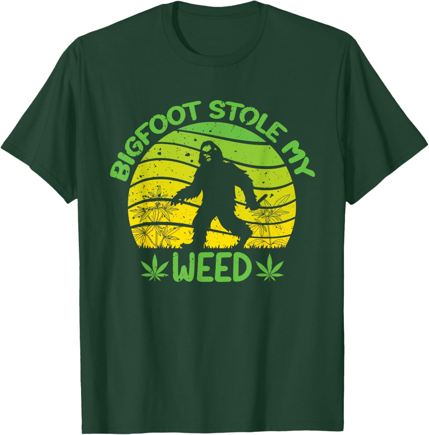 420 Funny Bigfoot Stole My Weed, Retro Sunset Sasquatch T-Shirt - T-Shirt | Forest
