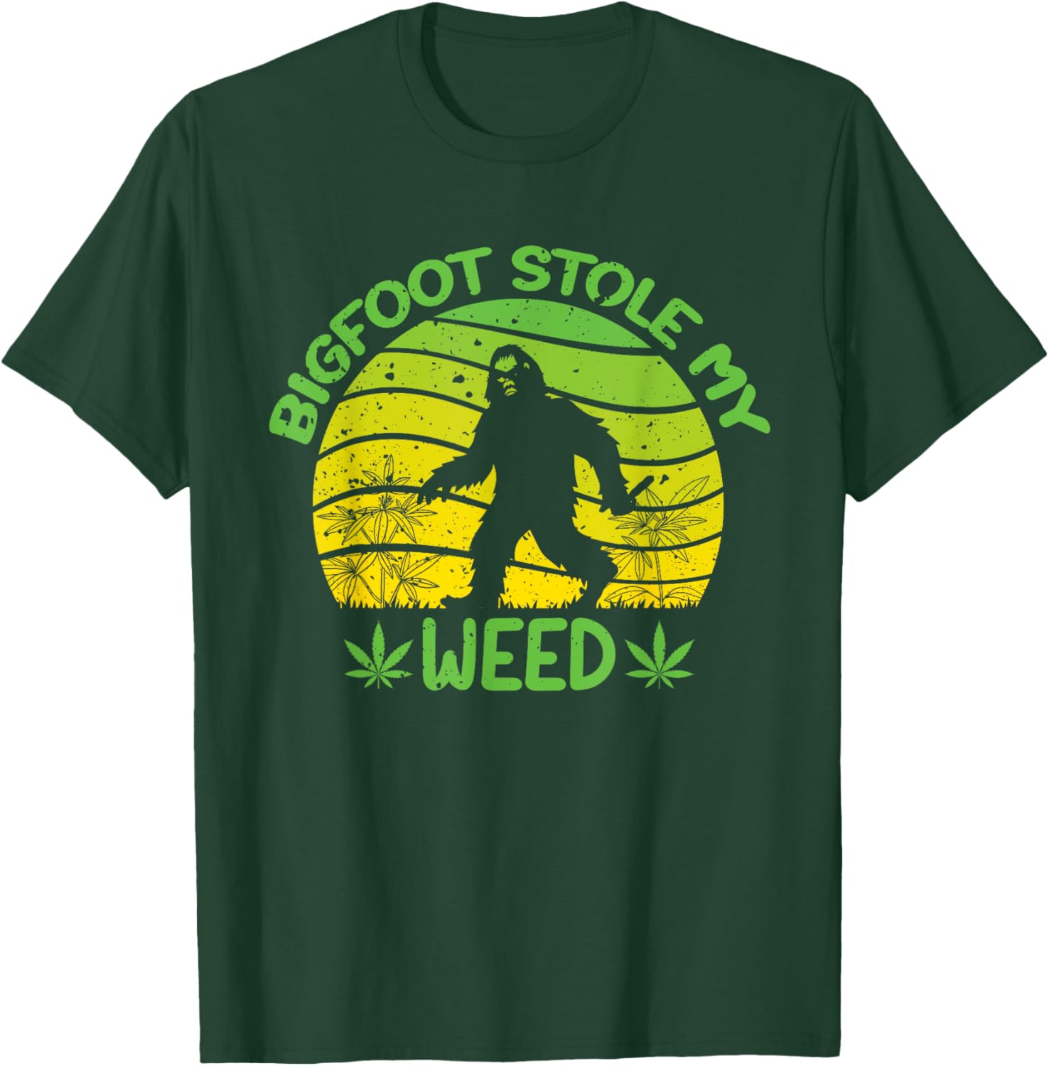 420 Funny Bigfoot Stole My Weed, Retro Sunset Sasquatch T-Shirt - T-Shirt | Forest