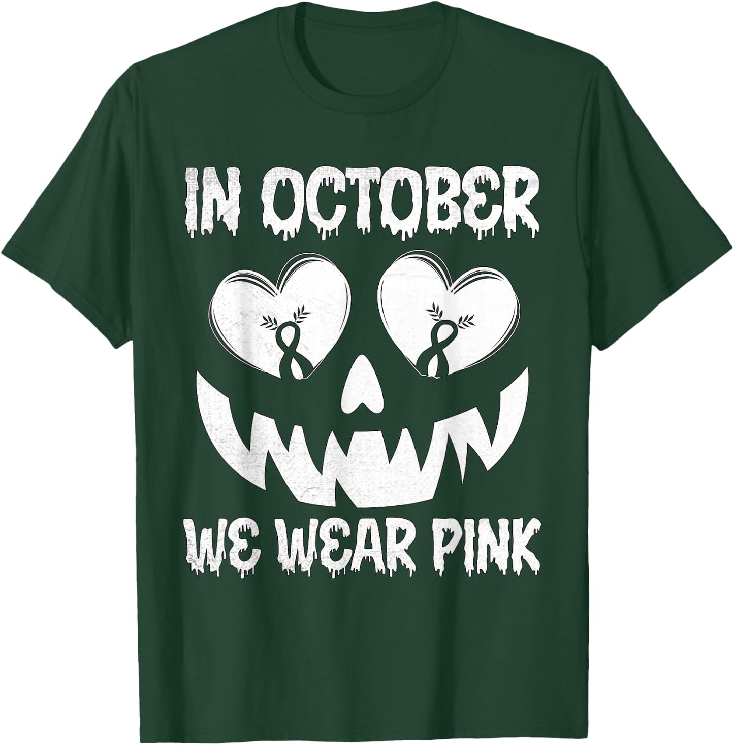 In October We Wear Pink Breast Cancer Halloween Jackolantern T-Shirt - T-Shirt | Forest
