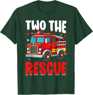 Two The Rescue Funny Firefighter 2nd Birthday Two Years Old T-Shirt - T-Shirt | Forest