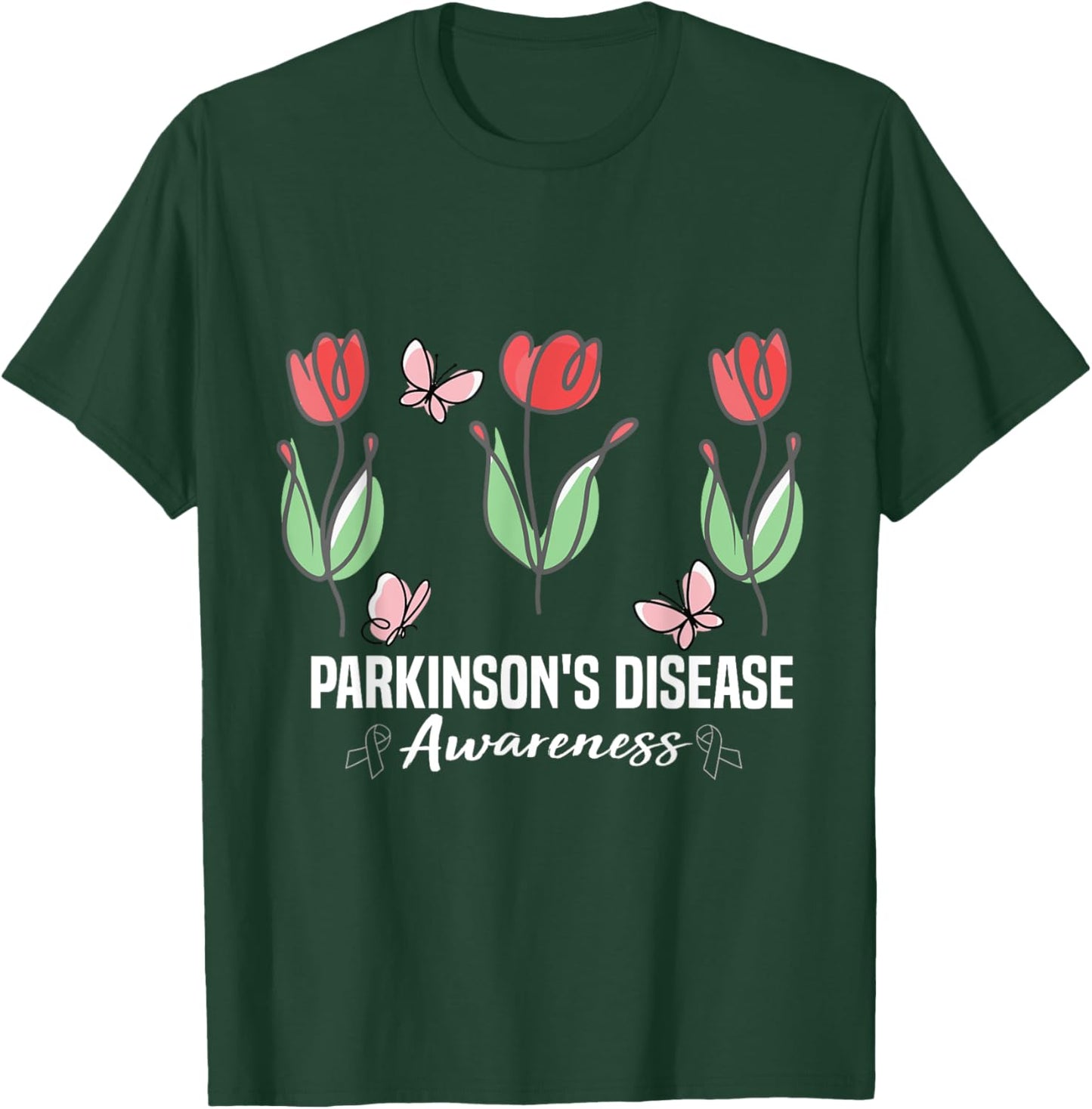 Parkinson's Disease Awareness Month Red Tulips Butterfly T-Shirt - T-Shirt | Forest