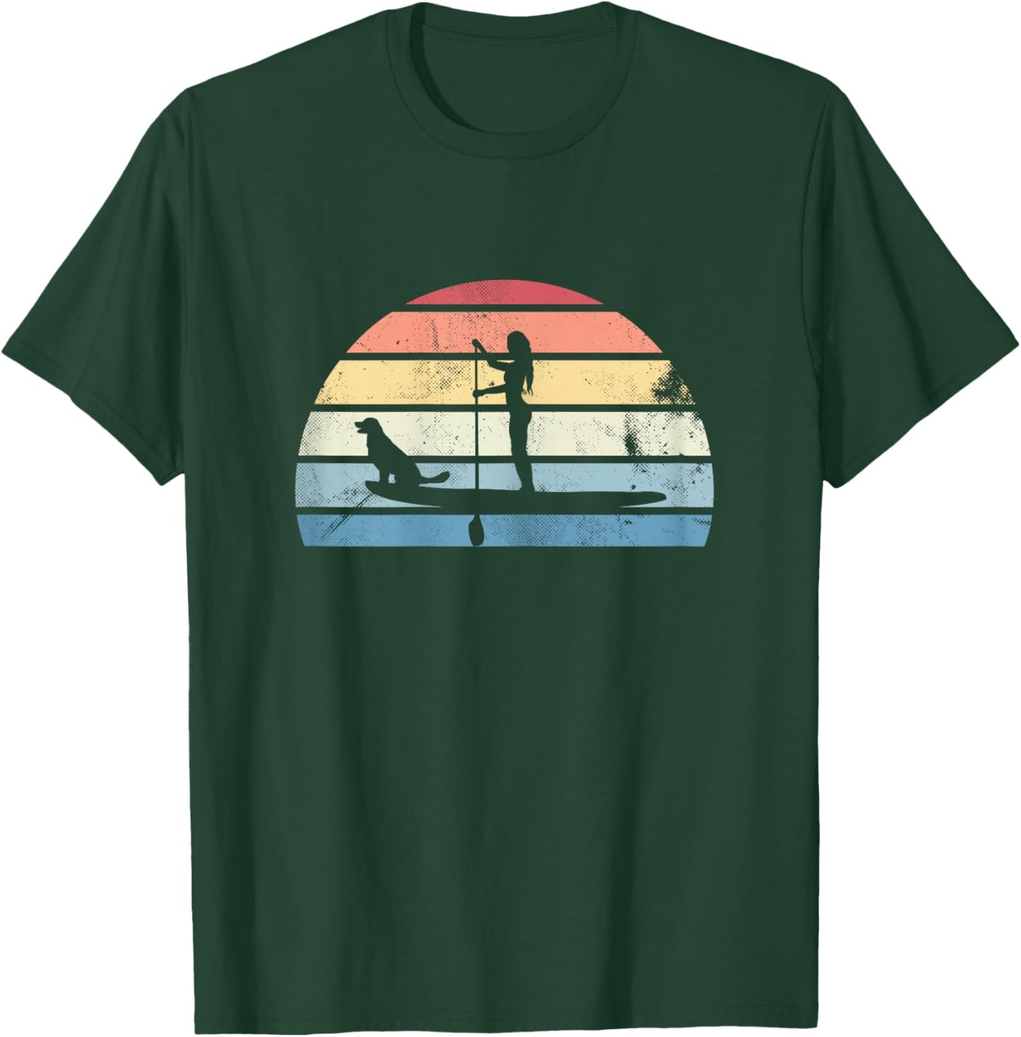 Retro Paddleboarding Girl with Dog Sunset Gift T-Shirt - T-Shirt | Forest