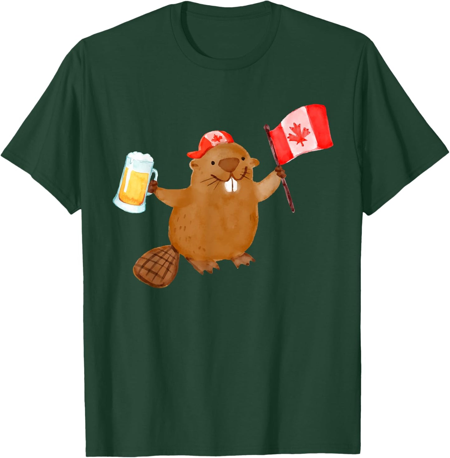 Beaver Holding Canada Flag Beer T-Shirt - T-Shirt | Forest