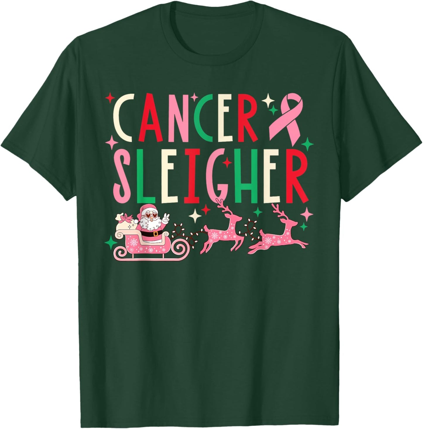 Breast Cancer Christmas Pink Ribbon Santa Sleigh Reindeer T-Shirt - T-Shirt | Forest