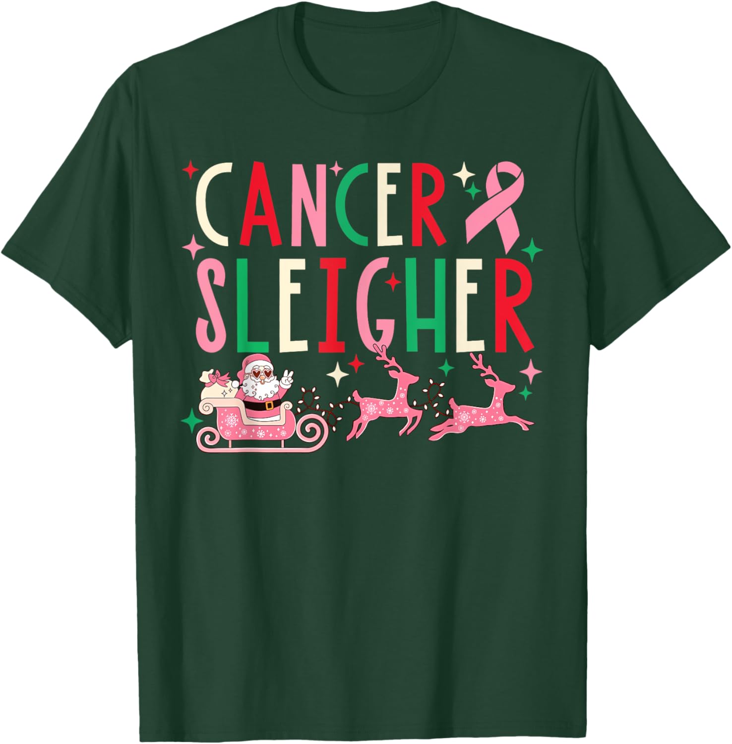 Breast Cancer Christmas Pink Ribbon Santa Sleigh Reindeer T-Shirt - T-Shirt | Forest