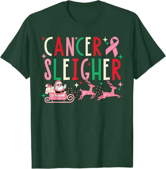 Breast Cancer Christmas Pink Ribbon Santa Sleigh Reindeer T-Shirt - T-Shirt | Forest