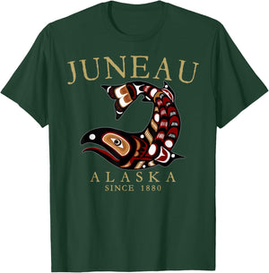 Juneau Alaska Tribal Art Salmon Since 1880 Tan Letters T-Shirt - T-Shirt | Forest