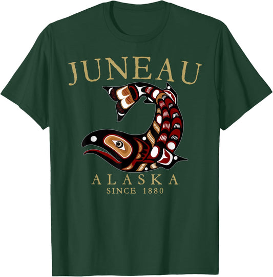 Juneau Alaska Tribal Art Salmon Since 1880 Tan Letters T-Shirt - T-Shirt | Forest