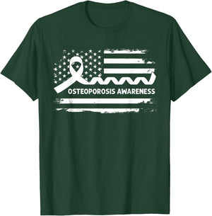 Osteoporosis Awareness American Flag - White Ribbon T-Shirt - T-Shirt | Forest