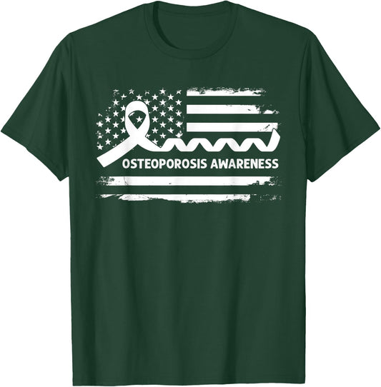 Osteoporosis Awareness American Flag - White Ribbon T-Shirt - T-Shirt | Forest