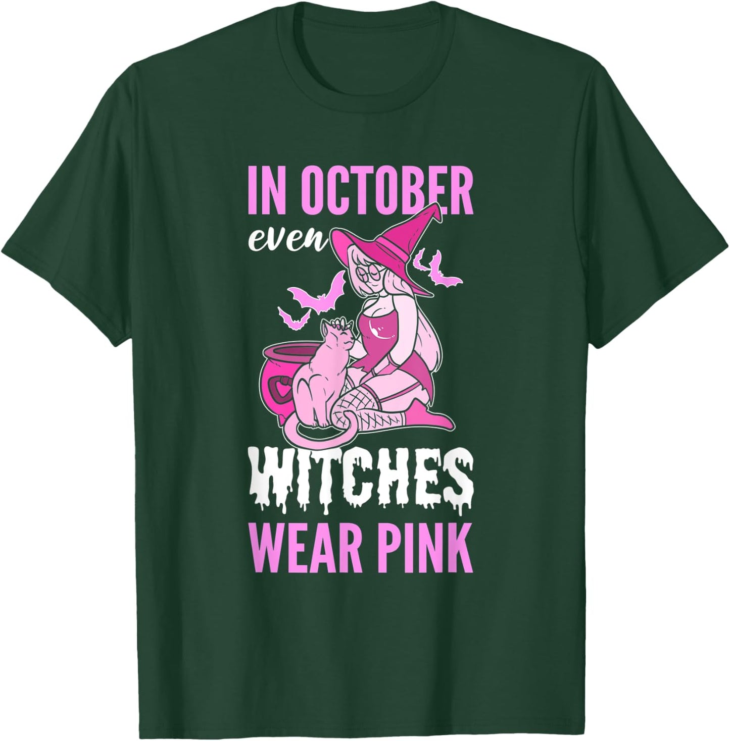 In October Even Witches Wear Pink Breast Cancer Pink Ribbon T-Shirt - T-Shirt | Forest