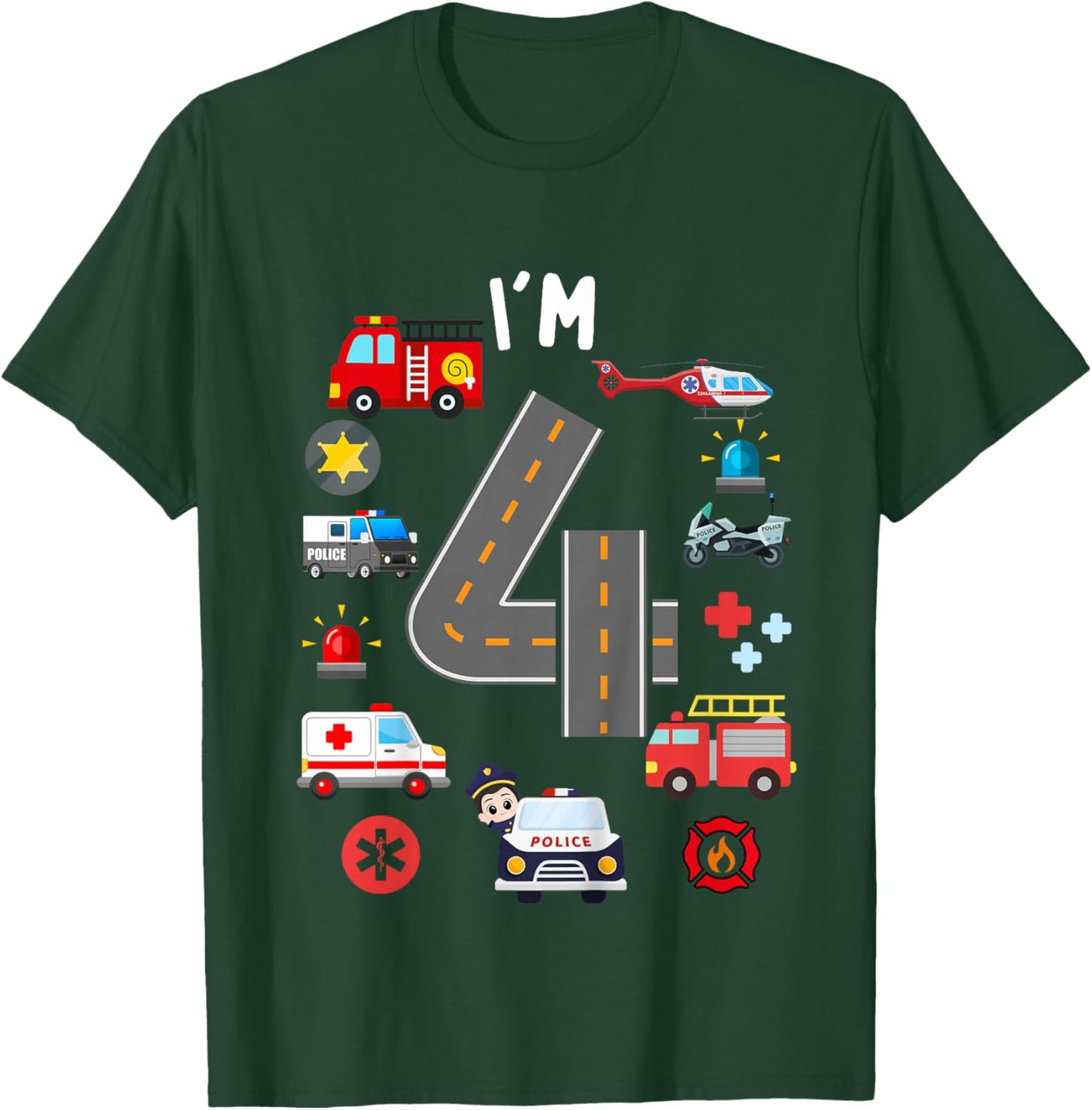 Kids 4th Birthday Emergency Vehicles Boys 4Years Old Toddler Kids T-Shirt - T-Shirt | Forest