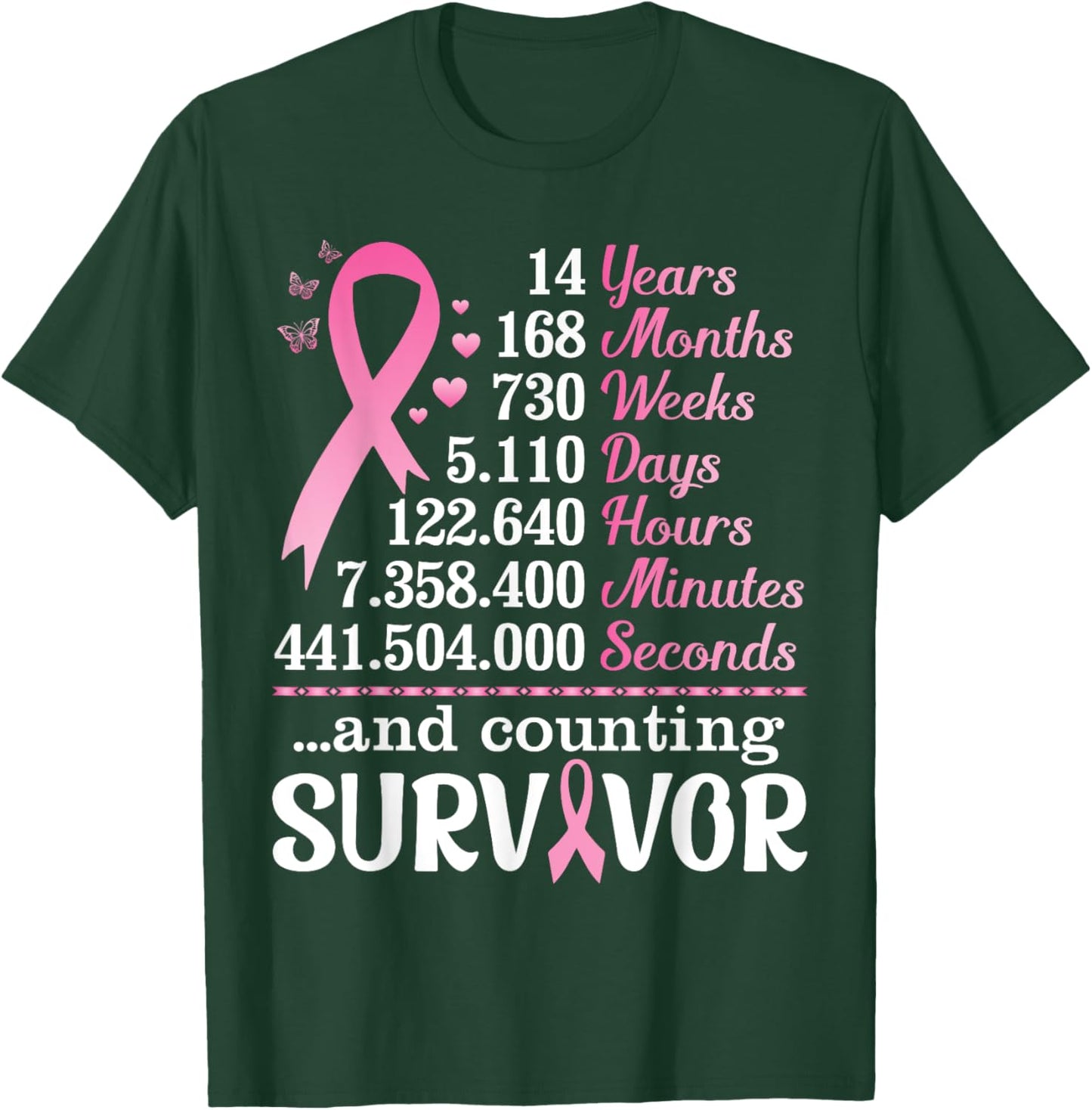 14 Years 168 Months Fighting Breast Cancer Counting Survivor T-Shirt - T-Shirt | Forest