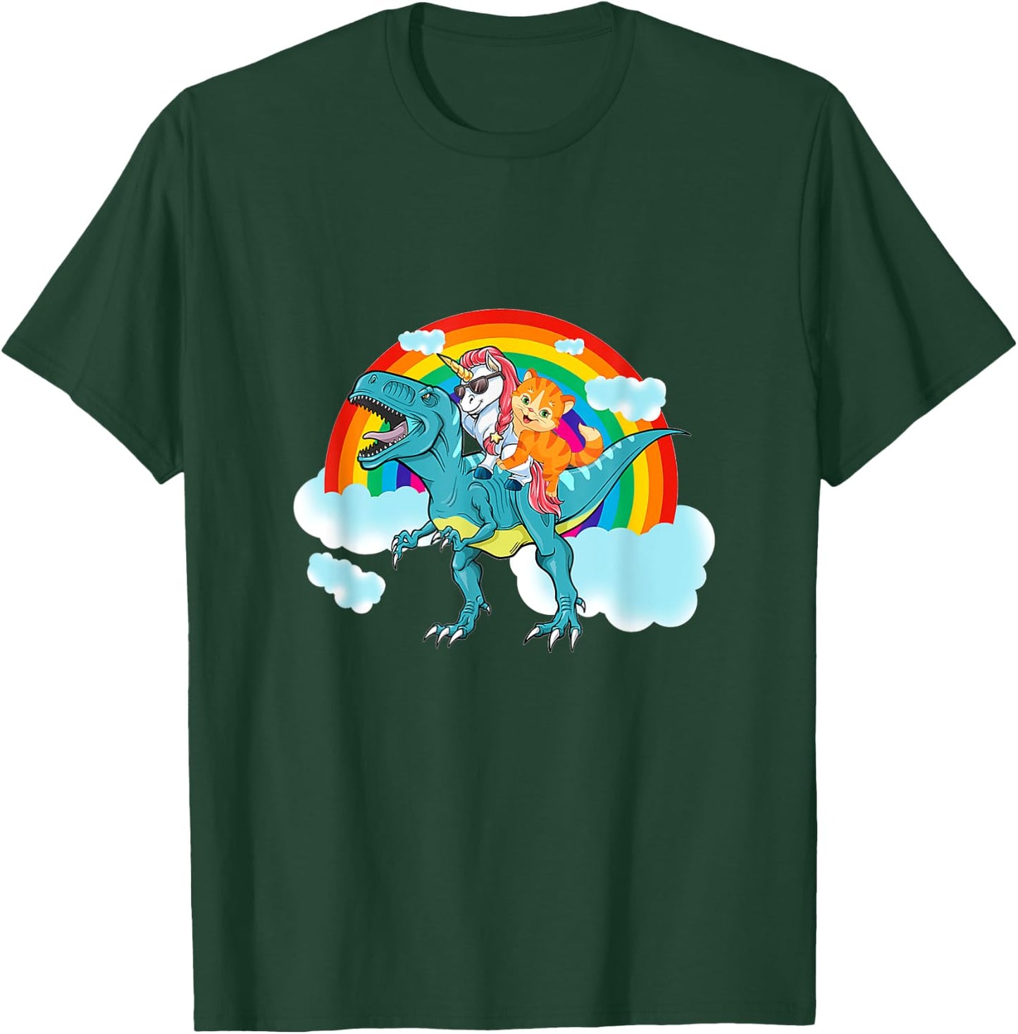 Unicorn Riding Dinosaur Rex Cat Kitten Boys Girls Kids T-Shirt - T-Shirt | Forest