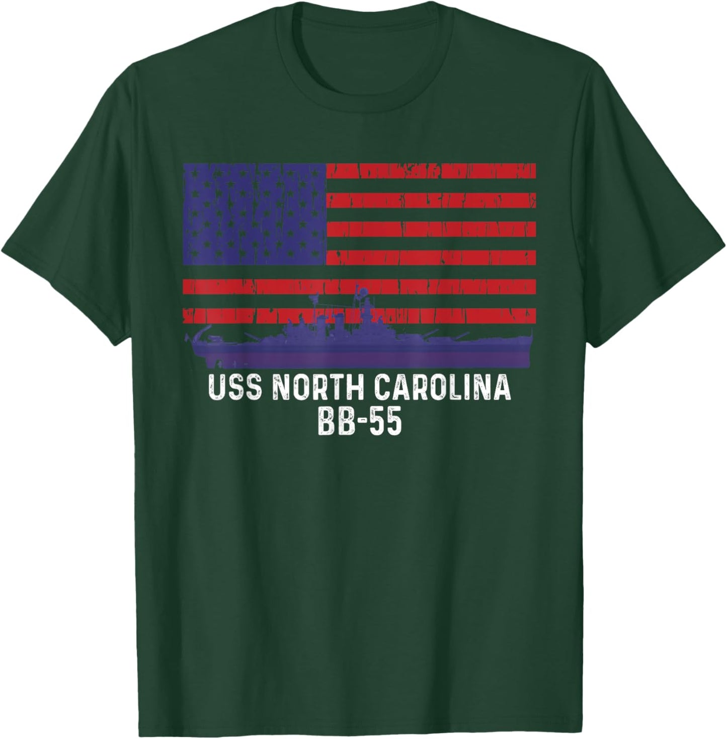 USS North Carolina BB-55 Battleship Vintage American Flag T-Shirt - T-Shirt | Forest