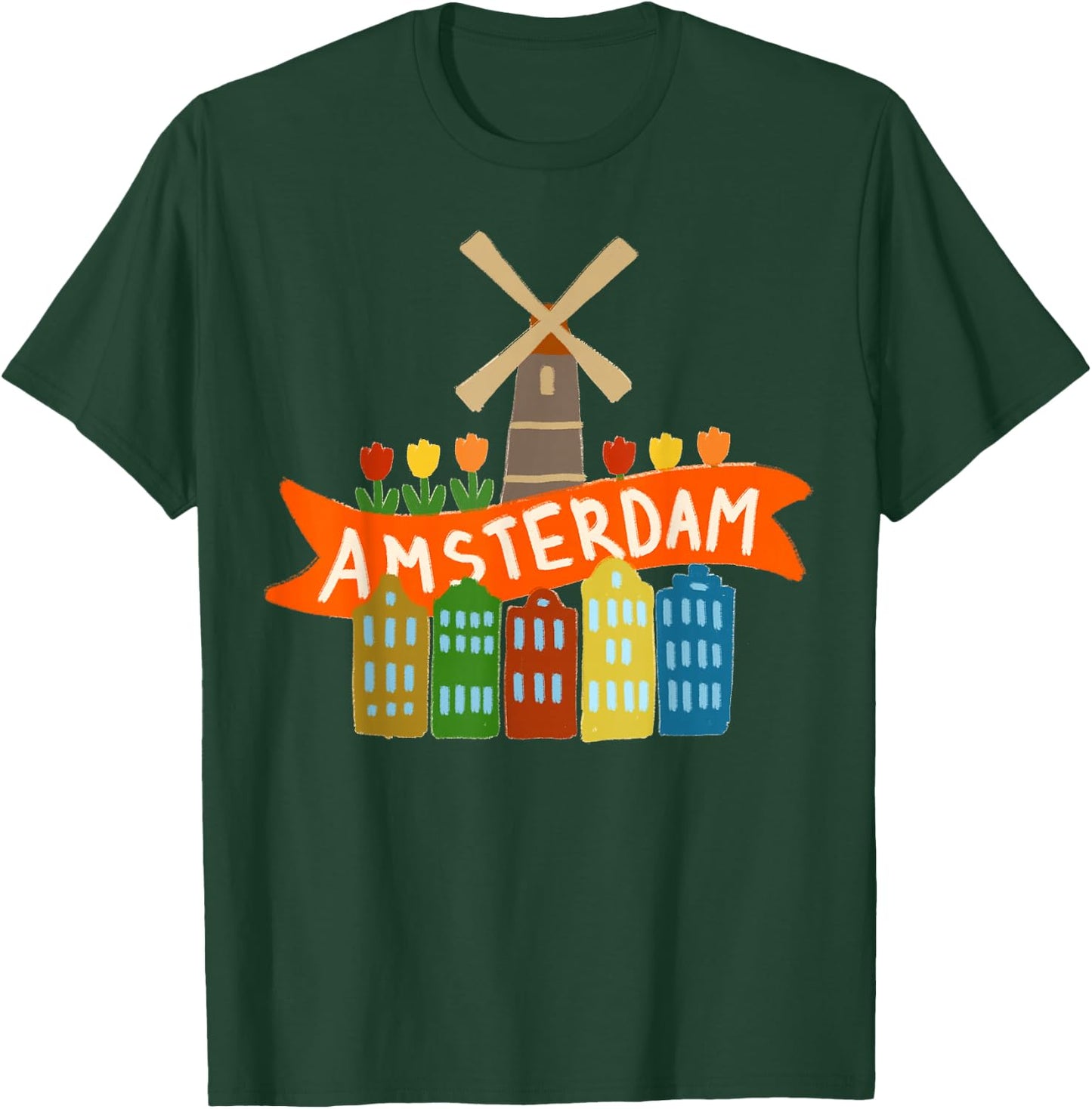 Amsterdam Windmill Tulips Houses Holland Netherlands T-Shirt - T-Shirt | Forest