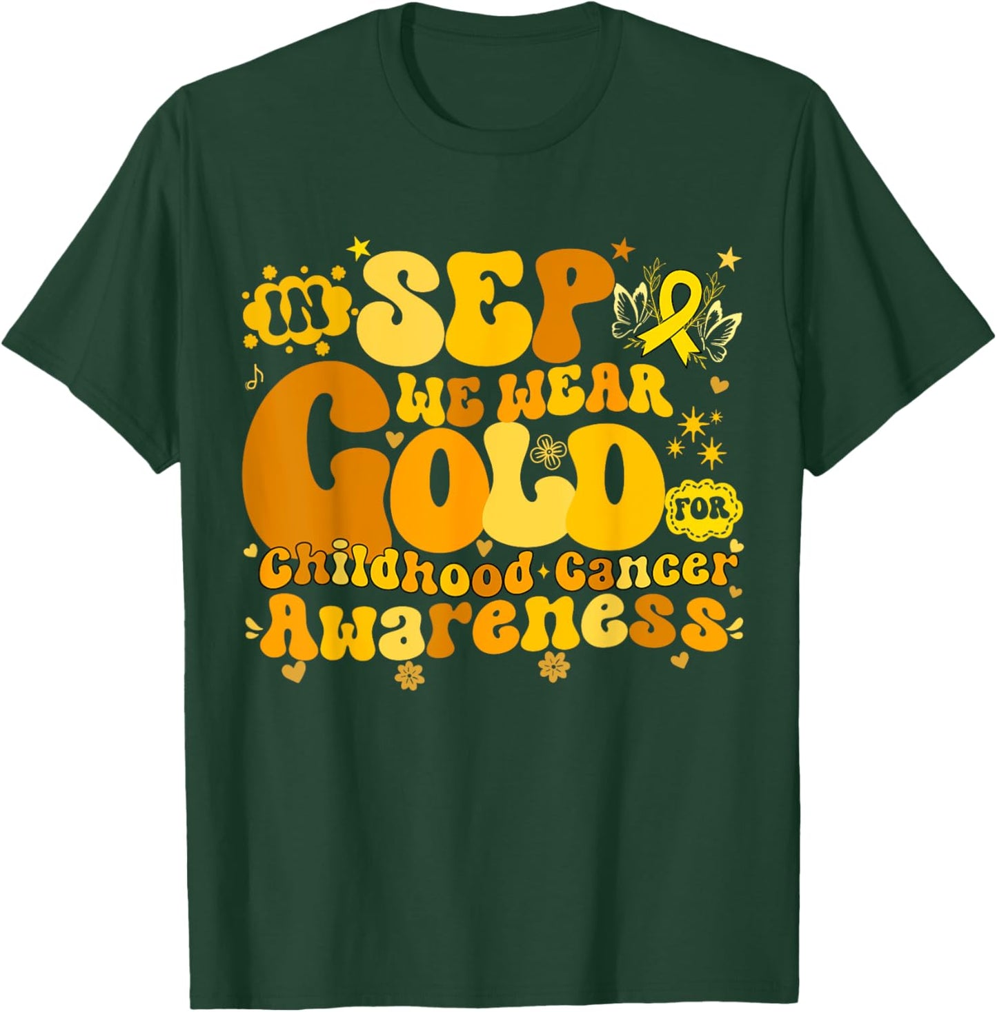 In September We Wear Gold Childhood Cancer Awareness Groovy T-Shirt - T-Shirt | Forest