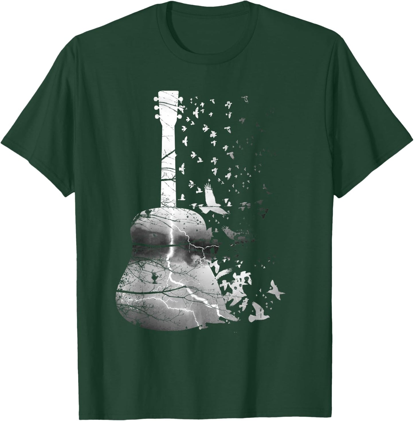 Awesome Nature Guitar Shirt With Tree, Thunder And Birds T-Shirt - T-Shirt | Forest