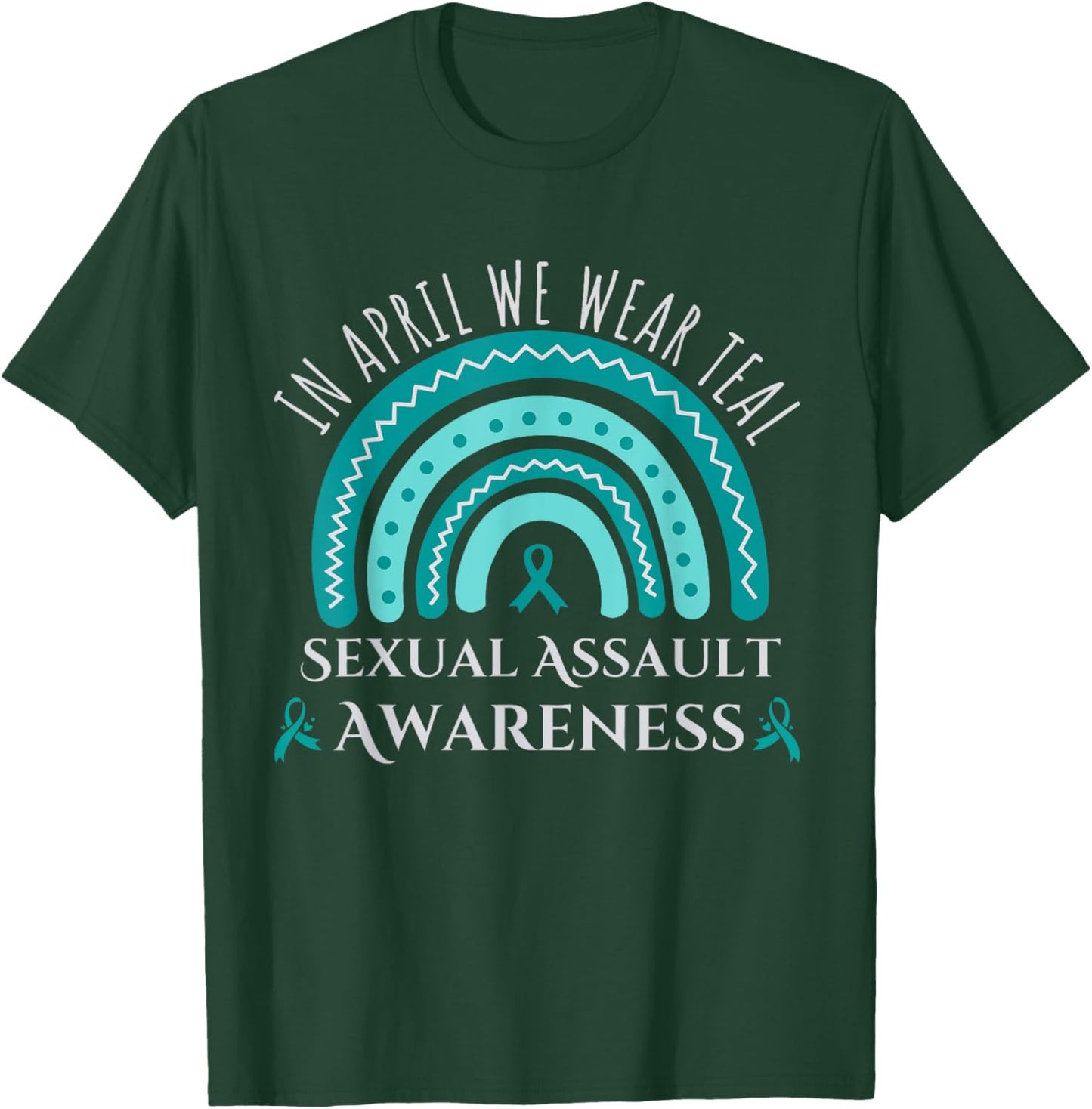 Sexual Assault Awareness Month Rainbow Teal Ribbon Support T-Shirt - T-Shirt | Forest