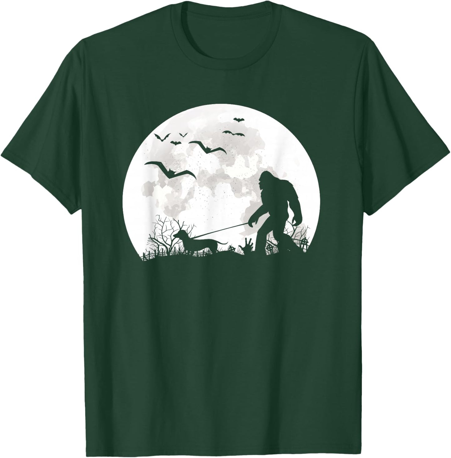 Bigfoot Walking Dachshund Dog Moon Sasquatch Halloween Dog T-Shirt - T-Shirt | Forest