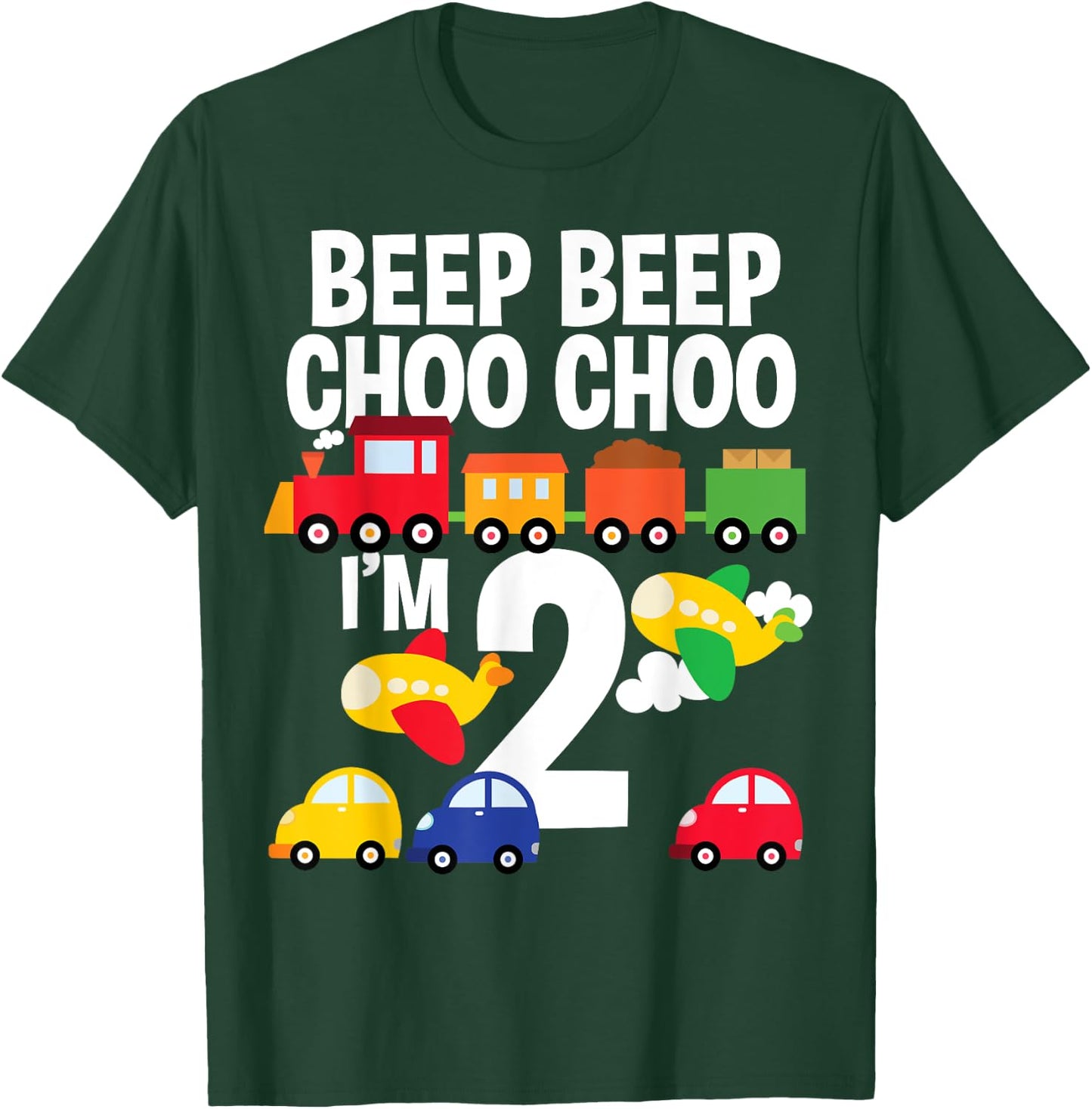 I'm 2 Birthday Boy 2nd Bday Trains Cars Airplanes T-Shirt - T-Shirt | Forest