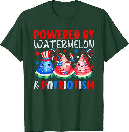 Powered By Watermelon & Patriotism 4th Of July US Flag T-Shirt - T-Shirt | Forest