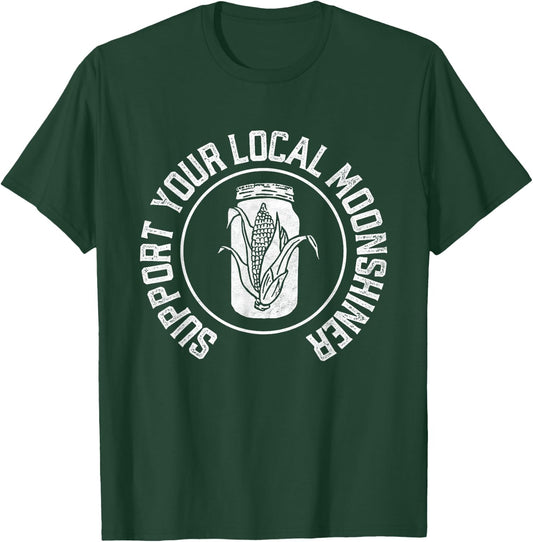 Support Your Local Moonshiner Jar & Corn Minimalist Retro T-Shirt - T-Shirt | Forest