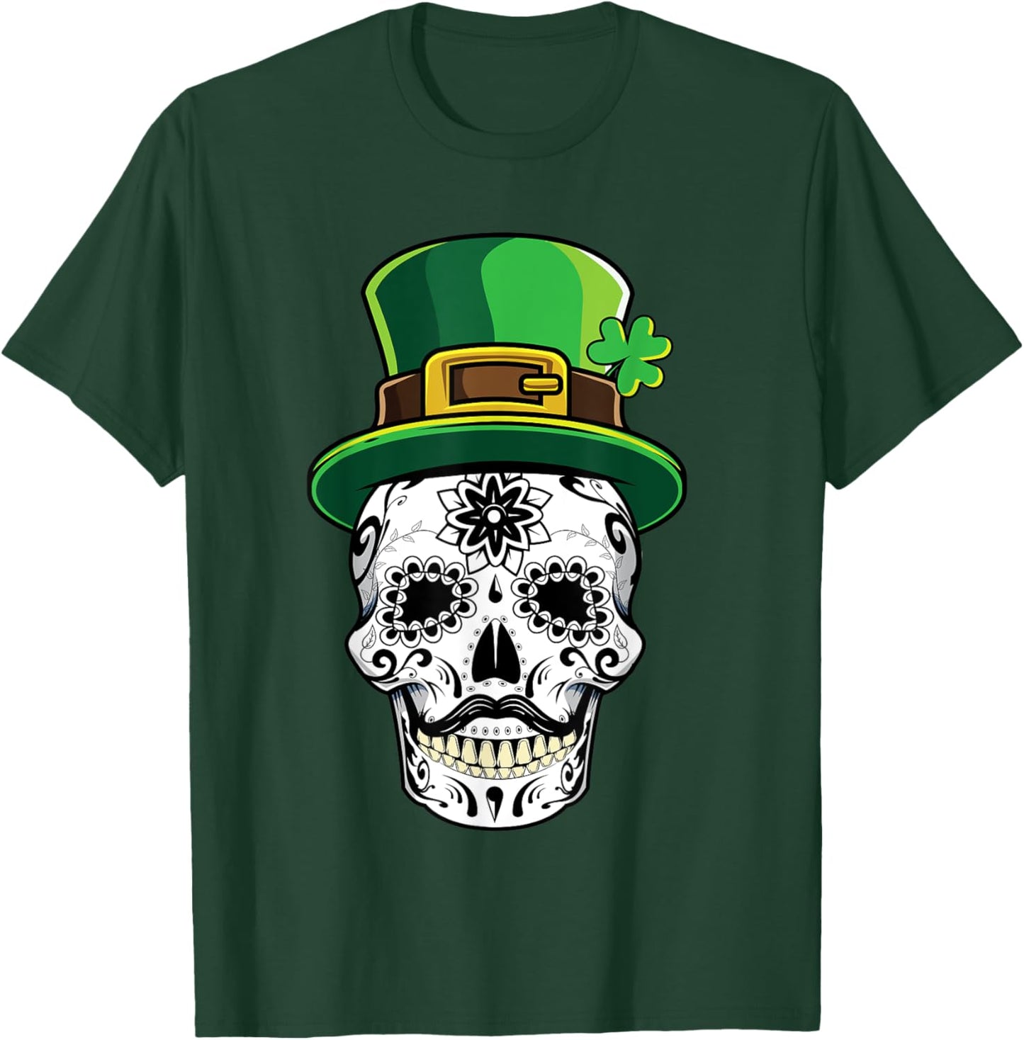 Four Leaf Clover Shamrock Sugar Skull St Patricks Day Gift T-Shirt - T-Shirt | Forest