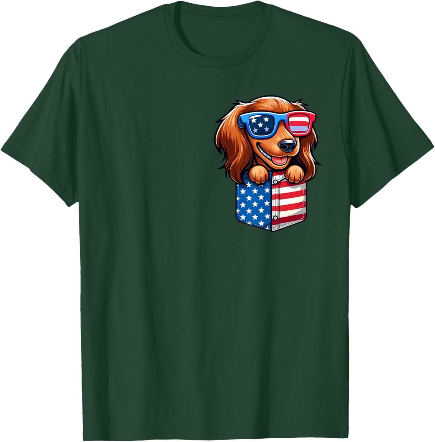 Long Hair Dachshund 4th July USA Flag In Pocket America T-Shirt - T-Shirt | Forest