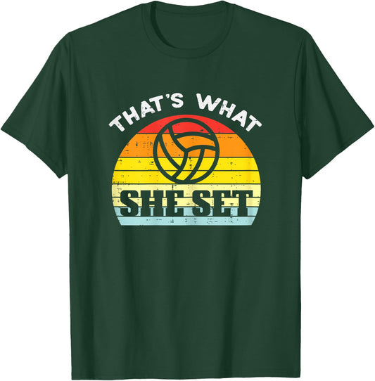 What She Set Volleyball Sunset Retro Setter Girls Women T-Shirt - T-Shirt | Forest