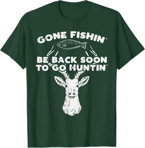 BoredKoalas Fishing Back Soon Hunting Deer Elk Hunter Buck - Adults - Black - Short Sleeve - Classic Fit - Cotton 60% Polyester 40% T-Shirt - T-Shirt | Forest