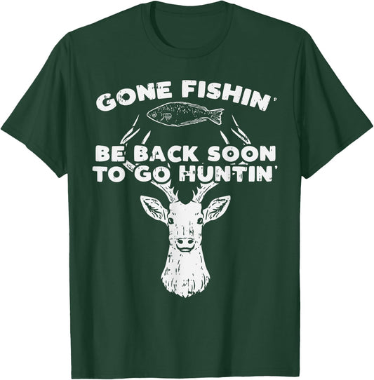 BoredKoalas Fishing Back Soon Hunting Deer Elk Hunter Buck - Adults - Black - Short Sleeve - Classic Fit - Cotton 60% Polyester 40% T-Shirt - T-Shirt | Forest