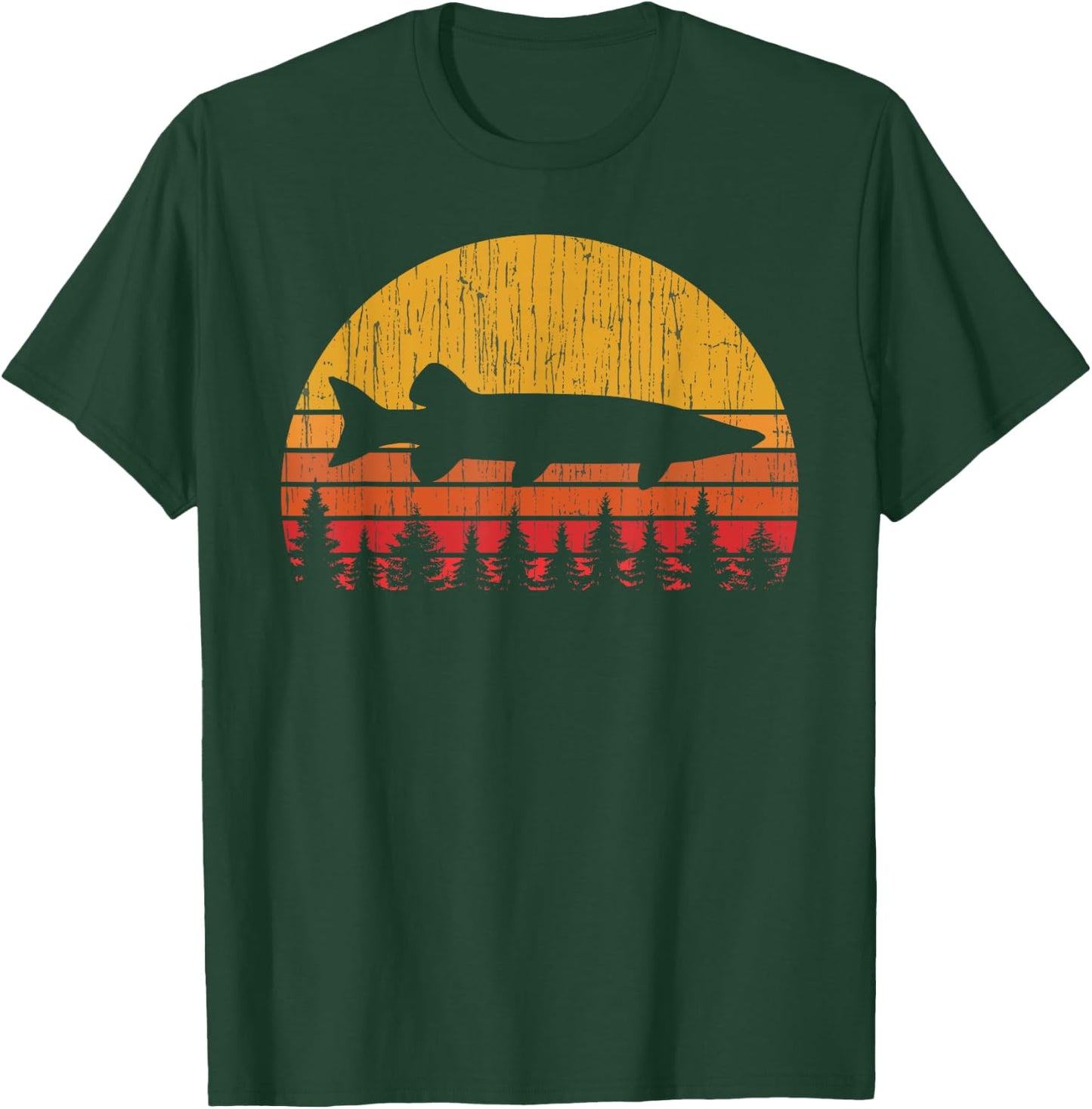 Muskie Fishing Retro Musky Fisherman Treeline Sunset T-Shirt - T-Shirt | Forest