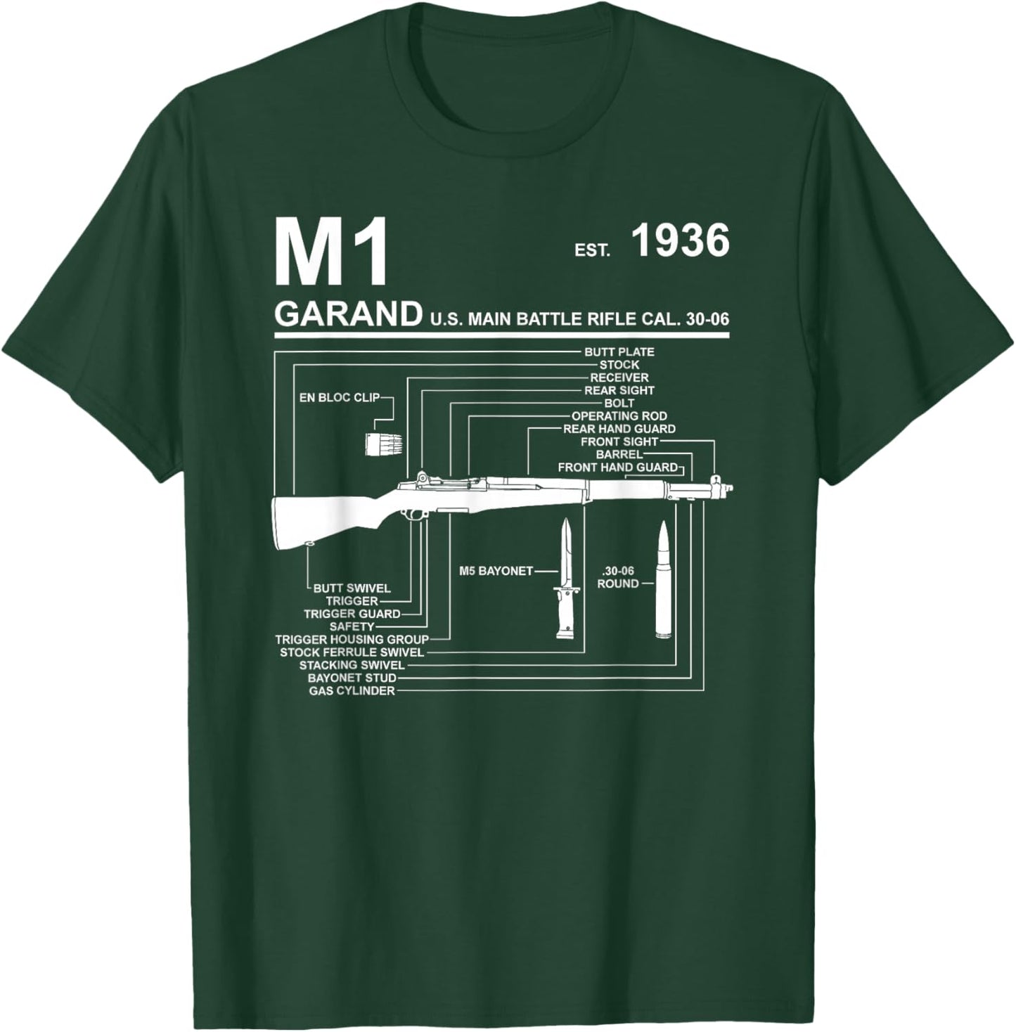Dinosaurus Rekx M1 Garand Rifle Gun WWII Graphic - Black, , Short Sleeve, Classic Fit, Cotton 65% Polyester 35%, Small T-Shirt - T-Shirt | Forest