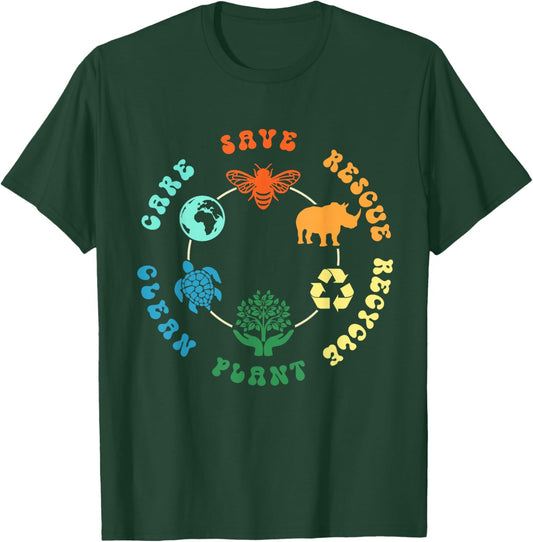 Save Bees Rescue Animals Recycle Plastic Earth Day 2025 T-Shirt - T-Shirt | Forest