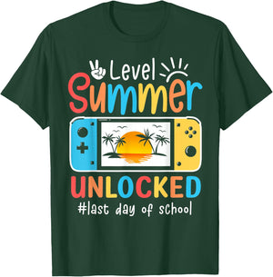 Gamers Last Day Of School Level Unlocked Hello Summer Gaming T-Shirt - T-Shirt | Forest