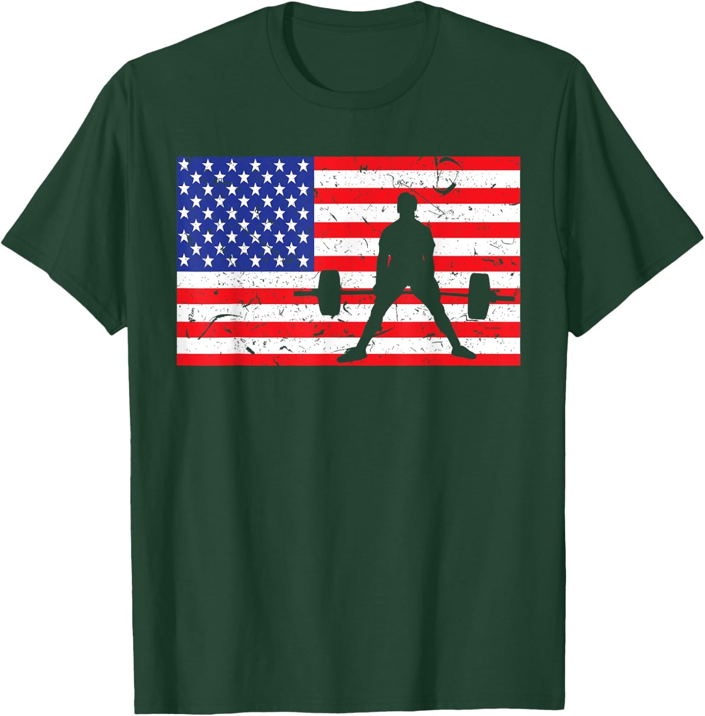 Distressed Powerlifting USA American Flag Vintage Weightlift T-Shirt - T-Shirt | Forest