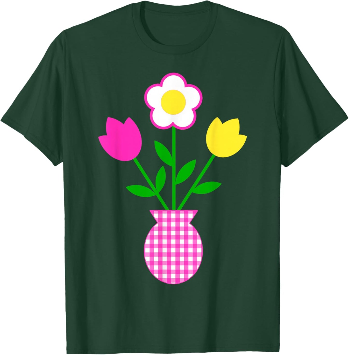 Pink Yellow White Flowers in Tartan Pattern Pot Shapes Mania T-Shirt - T-Shirt | Forest