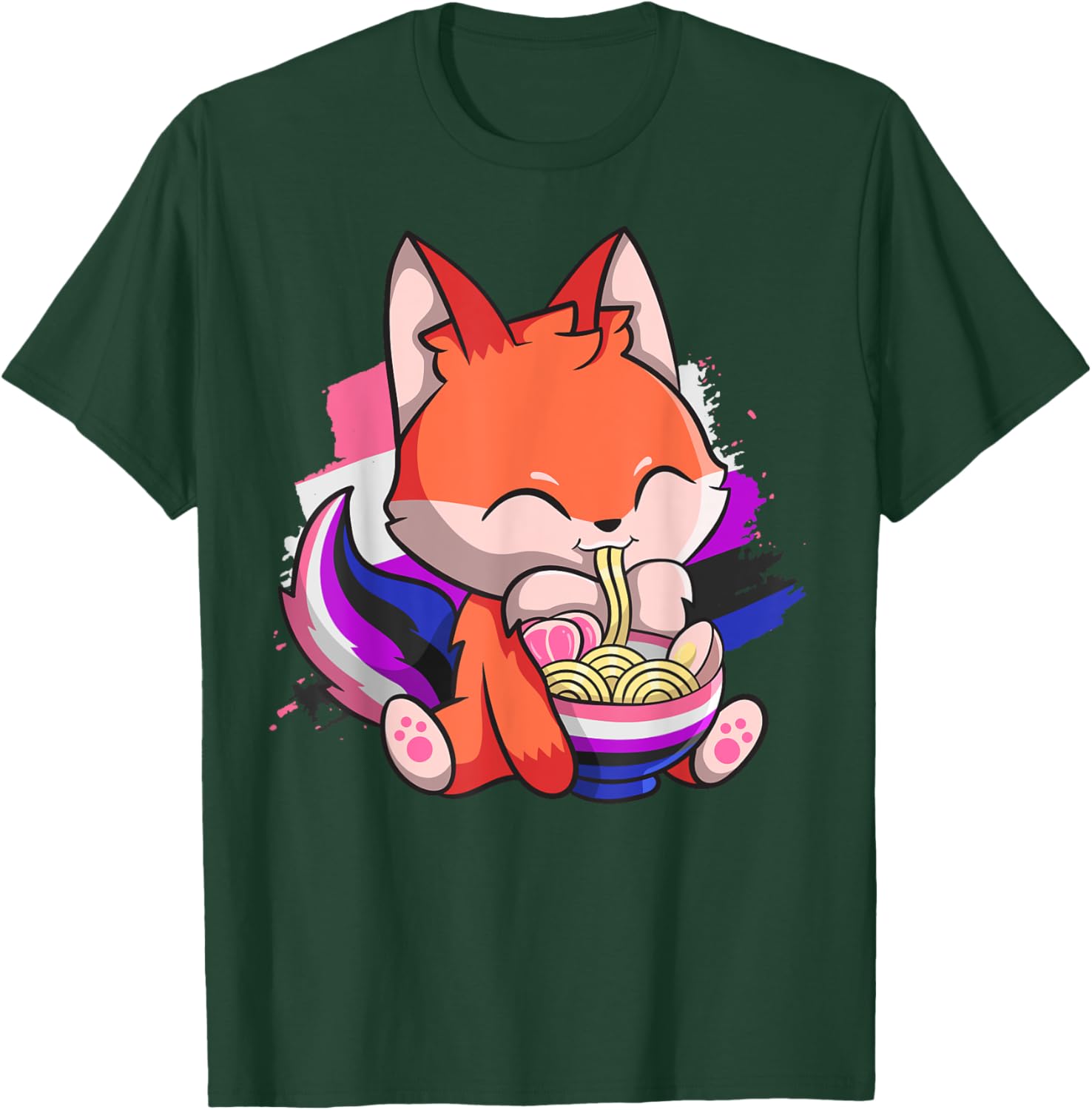 Genderfluid Pride Kawaii Fox Ramen Noodles Genderfluid Flag T-Shirt - T-Shirt | Forest