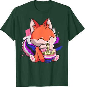 Genderfluid Pride Kawaii Fox Ramen Noodles Genderfluid Flag T-Shirt - T-Shirt | Forest