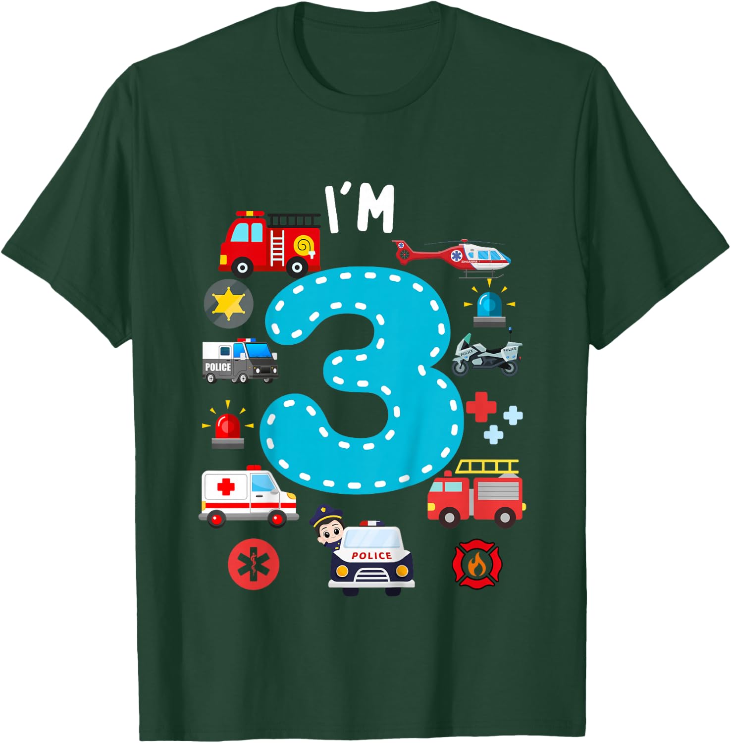 Kids 3rd Birthday Emergency Vehicles Boys 3Years Old Toddler Kids T-Shirt - T-Shirt | Forest