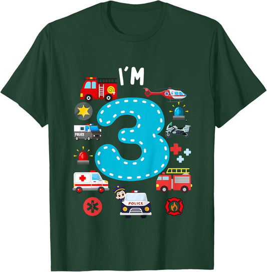 Kids 3rd Birthday Emergency Vehicles Boys 3Years Old Toddler Kids T-Shirt - T-Shirt | Forest