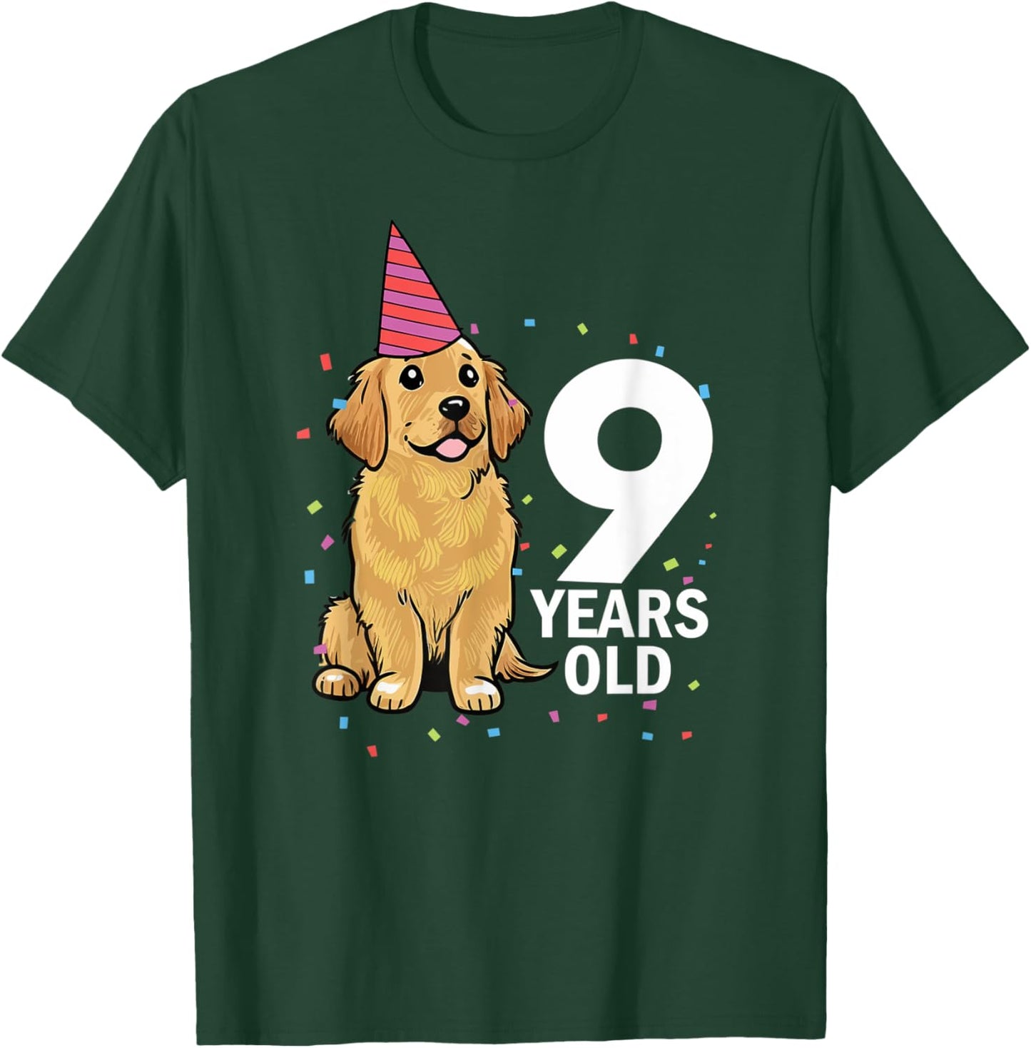 Cute 9 Years Old Birthday Golden Retriever Dog 9th Party Kid T-Shirt - T-Shirt | Forest